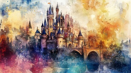 Fototapeta premium Magical Fantasy Castle Surrounded by Colorful Artistic Landscape