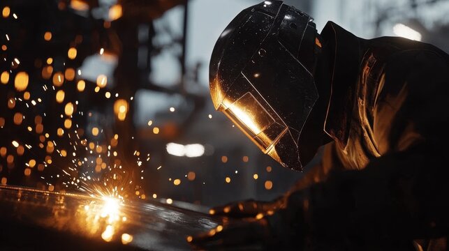 A welder concentrates on a metal piece, sparking bright flames as molten metal flies. The environment is industrial, with shadows highlighting their focused expression