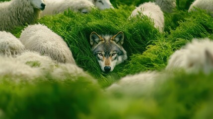 Obraz premium A wolf is camouflaged among tall green grass, intently watching a group of sheep grazing peacefully in a vibrant pasture