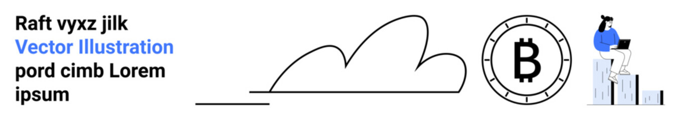 Text on left, abstract cloud shape in center, Bitcoin symbol in circle, man on blocks with laptop. Ideal for cryptocurrency, blockchain, financial growth, technology, cloud computing, investments