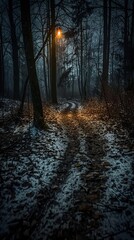 Fototapeta premium A dimly lit forest path with soft snow and fallen leaves, illuminated by a street lamp, creating a mysterious and serene atmosphere.