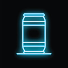 Blue neon sign of an aluminium can is glowing on a black background