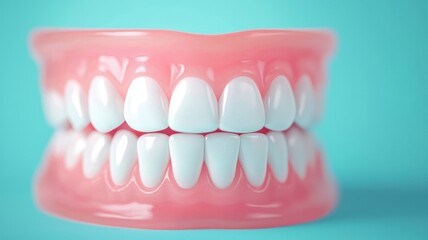 Obraz premium Healthy Human Teeth Model Full Set of Bright White Teeth on Pink Gums Dental Health