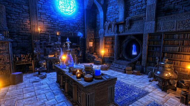 Mysterious wizard's workshop filled with potions and ancient books in a stone chamber illuminated by blue light
