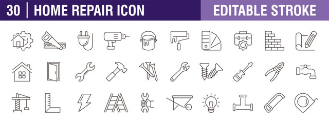 Collection of home repair icons. Renovation, painter, plumbing. Vector design template, signs, symbols, editable stroke.