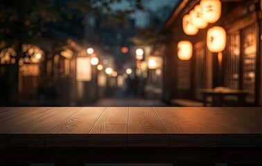 Empty wooden table top with a blurred background of an outdoor Japanese restaurant at night, suitable for product display, food, 