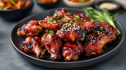 Fototapeta premium A plate piled high with glistening Korean BBQ chicken wings, sprinkled with sesame seeds and garnished with green onions.