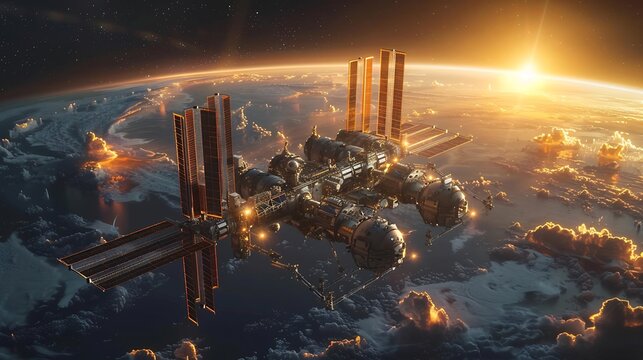 A bold design of a space station orbiting a glowing binary star system