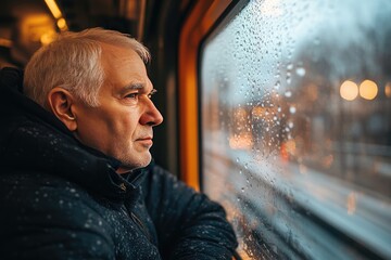 Fototapeta premium Pensive Senior Man Gazing Out Rain-Soaked Train Window Capturing Reflection and Contemplation