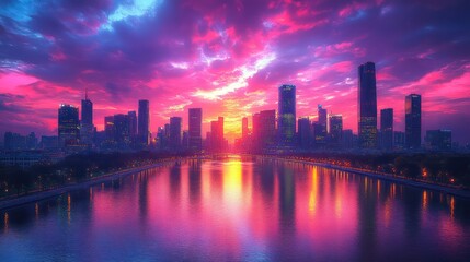 Fototapeta premium Vibrant Cityscape at Sunset: A Stunning Reflection