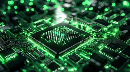Fototapeta premium Close-up of Circuit Board with Glowing Green LED Technology