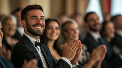 Happy Man Applauding Audience Event Elegant Suit Formal Award Crowd Party Joyful Smiling Concert    