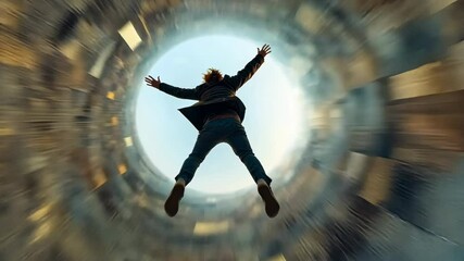 A man jumps energetically in a tunnel with a bright light at the end, symbolizing freedom and adventure. A man falls in a fabulous tunnel.