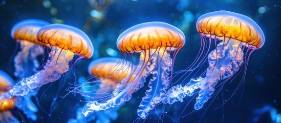 Fototapeta premium Orange jellyfish swim aquarium, blue background, nature