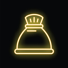 Yellow glowing neon sign depicting a full money bag with a tie, on a black background