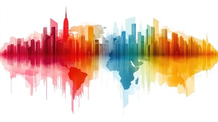 Fototapeta premium Vibrant Skyline and World Map Fusion: Colorful Urban Landscape Illustration