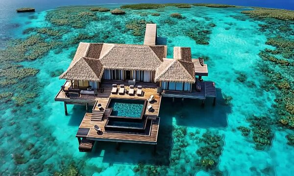 single-story Neo-Contemporary overwater villa blending modern aesthetics with tropical luxury and sustainability