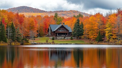 Fototapeta premium Autumnal Lake House Serenity: A picturesque log cabin nestled amidst vibrant fall foliage, reflected in a tranquil lake.