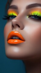 Vibrant Makeup: Bold Orange Lips and Neon Eyeshadow Close-Up Fashion Beauty Portrait