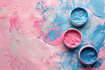 Jars of blue and pink paint on the table. Flat lay template for children's creativity and handicrafts, for cards for Valentine's Day and gender party with space for text