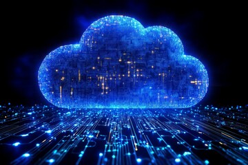 Digital cloud representing data storage technology illuminated by glowing connections in a dark environment