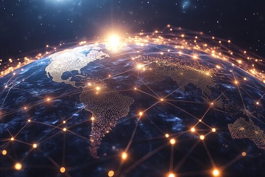 Visual representation of global connectivity showing illuminated continents and a network of connections at sunrise