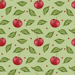 Cherry pattern for fabric design, cherry wallpaper, berry print, berry seamless pattern, green background, little red hearts, watercolor