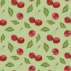 Cherry pattern for fabric design, cherry wallpaper, berry print, berry seamless pattern, green background,watercolor