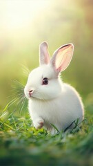 Adorable White Bunny Rabbit in Green Grass Springtime Nature Scene