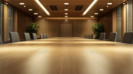 Fototapeta premium Modern empty spacious meeting room with long wooden table and comfortable chairs, ideal for professional gatherings and conferences