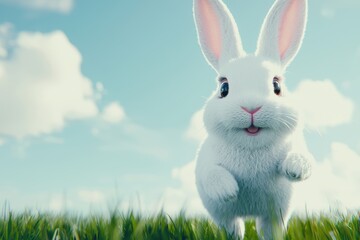 Fototapeta premium Adorable White Bunny Rabbit in Green Grass Field under a Sunny Sky