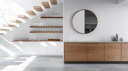 Obraz premium Interior shot of a modern house showing stairs, cabinets, mirror, and counter tops with kitchenware
