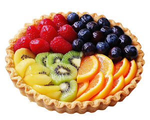 colorful fruit tart featuring variety of fresh fruits including raspberries, blueberries, kiwi, oranges, and more, beautifully arranged on golden crust