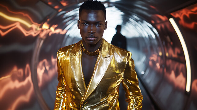 An African American man wearing a bold metallic gold suit with exaggerated shoulders, standing on a futuristic runway with dramatic lighting