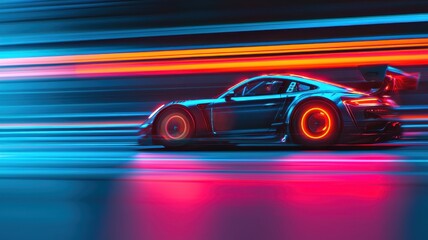 Futuristic Sports Car Speeding Through Neon City Nightscape Motion Blur