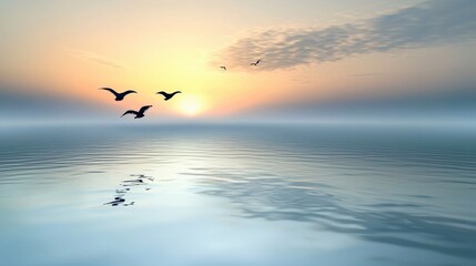 Fototapeta premium A tranquil ocean view at dawn, soft ripples in the water reflecting the first light of day, with mist rising from the surface and a few birds flying overhead.