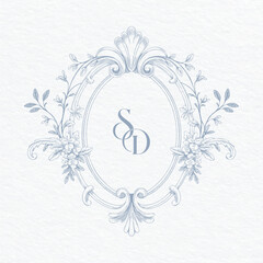 Wedding monogram with SD initials Design. Floral monogram crest design. Vintage elegant wedding crest design.