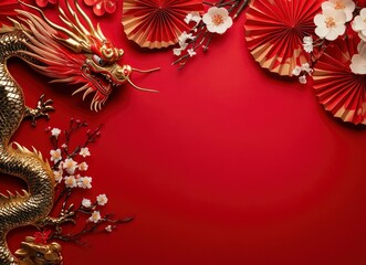 Naklejka premium Red background, red folding fan decoration on the left side of the image with white flowers and green dragon decoration, flat layout, 