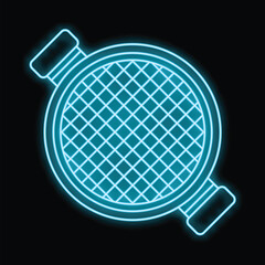 Blue neon icon of a barbecue grill glowing on black background