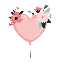 Obraz premium Pink Heart Shaped Balloon with Delicate Floral Arrangement Romantic Illustration