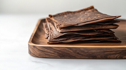 Delicious Chocolate Crepes Stack Wooden Tray Brown Food Photography Eat Dark Rich Sweet Treat Yummy 