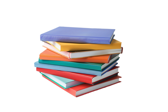 Stack of books and magazines with colored hardcover on transparent background. Clip art png for postcards, stickers and handmade about studying, knowledge day, institute and brain development