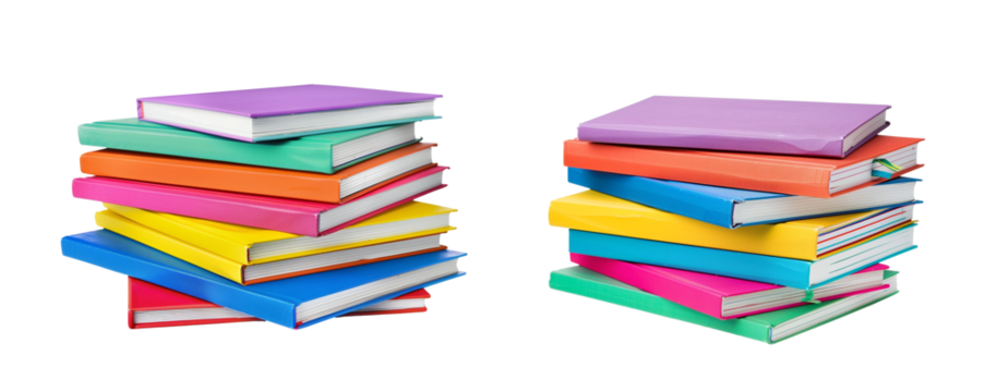 Stack of books and magazines with colored hardcover on transparent background. Clip art png set for postcards, stickers and handmade about studying, knowledge day, institute and brain development