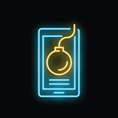 Glowing neon icon of a smartphone with a bomb symbol on the screen, representing online threats and cyber security risks
