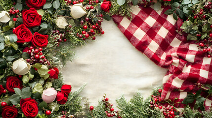 A cozy garden setting with a picnic blanket covered in roses and heart-shaped decorations