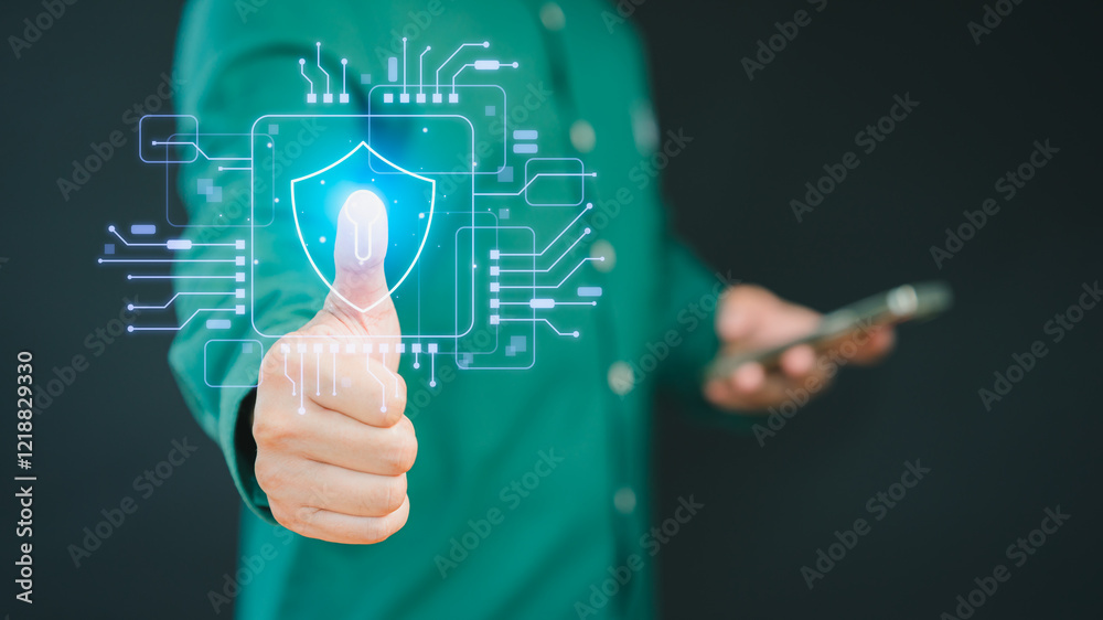Poster person holding a smartphone with a holographic shield symbol and digital circuits. represents cybers