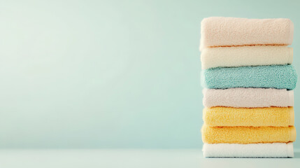 Plush, colorful towels stacked neatly against a minimalist background. Enhance your bathroom decor with these soft, luxurious essentials.