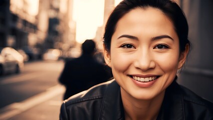Obraz premium A vibrant, high-contrast, professional street photography portrait of a smiling Asian woman, shot from a low angle, looking directly at the camera, with a gentle, relaxed expression, taken with an Agf