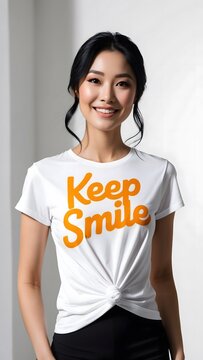 A stunning artistic portrait photography of a studio shot featuring a beautiful Asian woman with a warm, gentle smile, wearing a crisp, pristine white t-shirt with the uplifting phrase "Keep Smile" pr