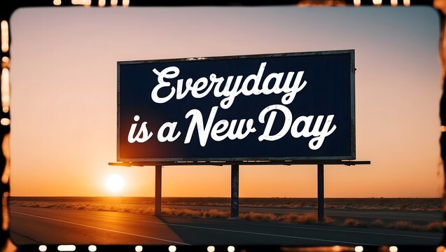 a surreal and vibrant cinematic photo of a realistic photograph of a worn and weathered billboard on a desolate highway at dusk, with the warm golden light of the setting sun casting a long shadow beh
